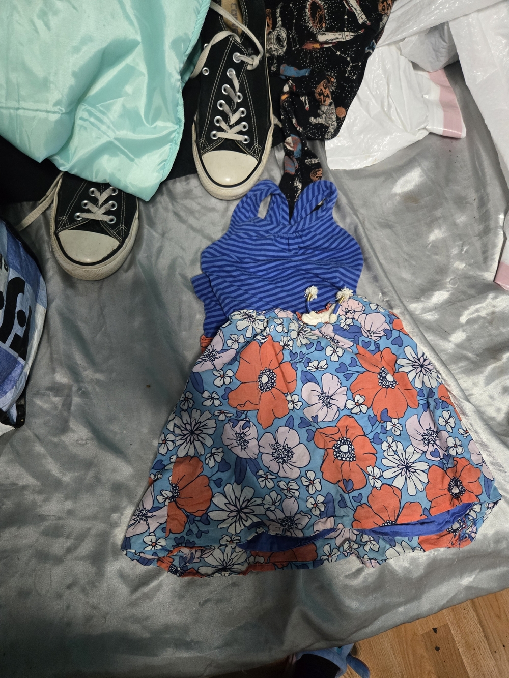Cat & Jack Blue Striped Bodice Floral Skirt Sundress